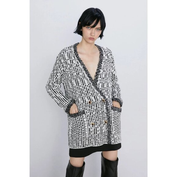 ZARA (NWT) Oversize Double Breast Long Sleeve Cardigan Sweater Jacket, BLK/WHT-M - Picture 1 of 13